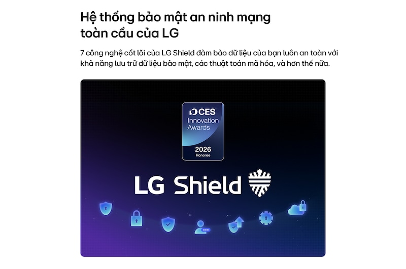 LG Shield, applied to LG OLED evo AI G6, is shown with an LG Shield logo at the center, security icons below, and a 2026 CES Innovation Awards Honoree badge above, representing data and system protection.